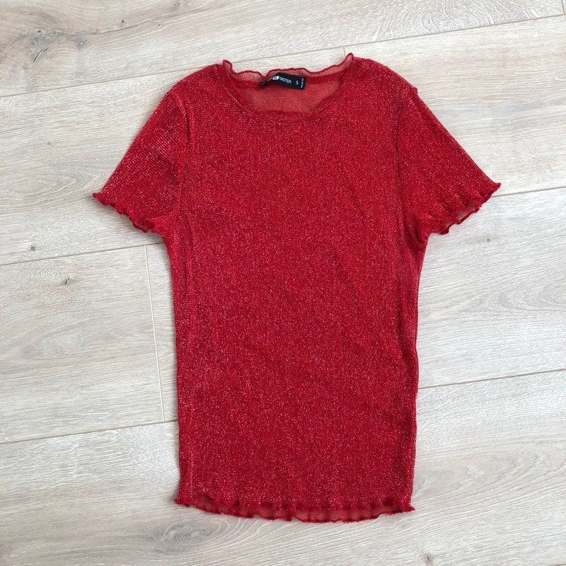 FB Sister rode mesh top S glitter transparant T-shirt, Ophalen of Verzenden, Zo goed als nieuw, Korte mouw, Maat 36 (S)