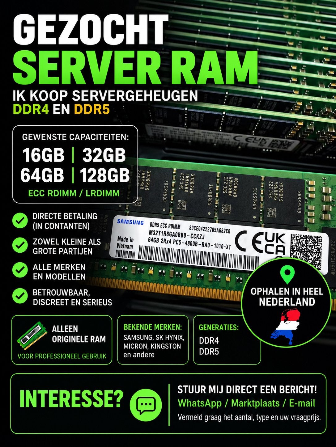 Gezocht: Server RAM DDR4 ECC& DDR5 ECC, Computers en Software, Ophalen, Gebruikt, Server, DDR4