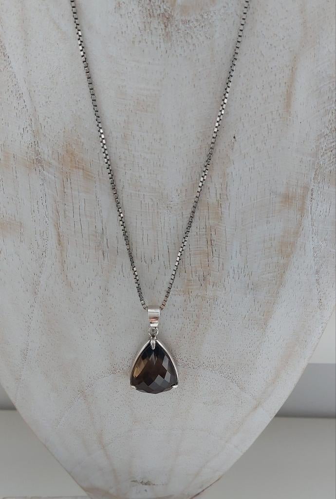Zilveren ketting met rookkwarts hanger, Sieraden, Tassen en Uiterlijk, Kettingen, Ophalen of Verzenden, Zo goed als nieuw, Zilver