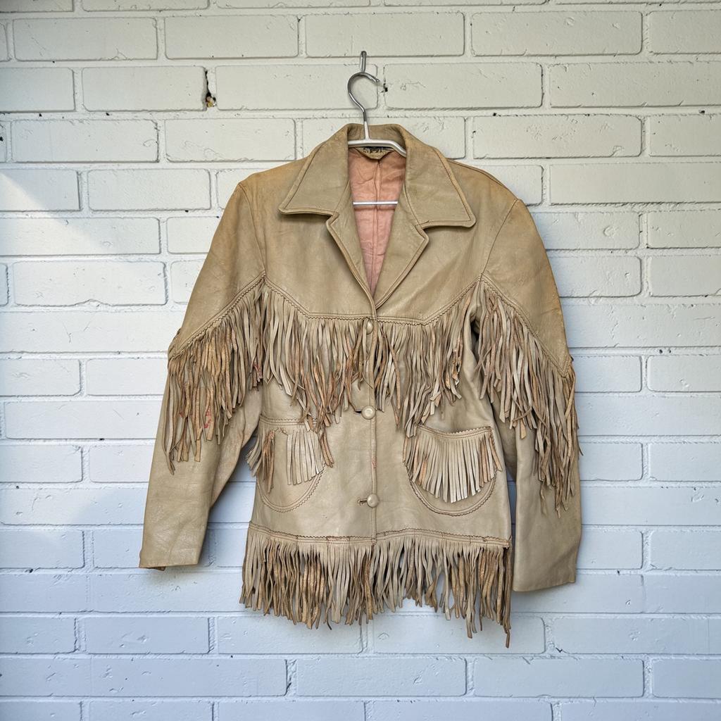 Vintage Jas Maat S Crème Leer Western Cowboy Style 70s, Beige, Ophalen of Verzenden, Maat 36 (S), Gedragen