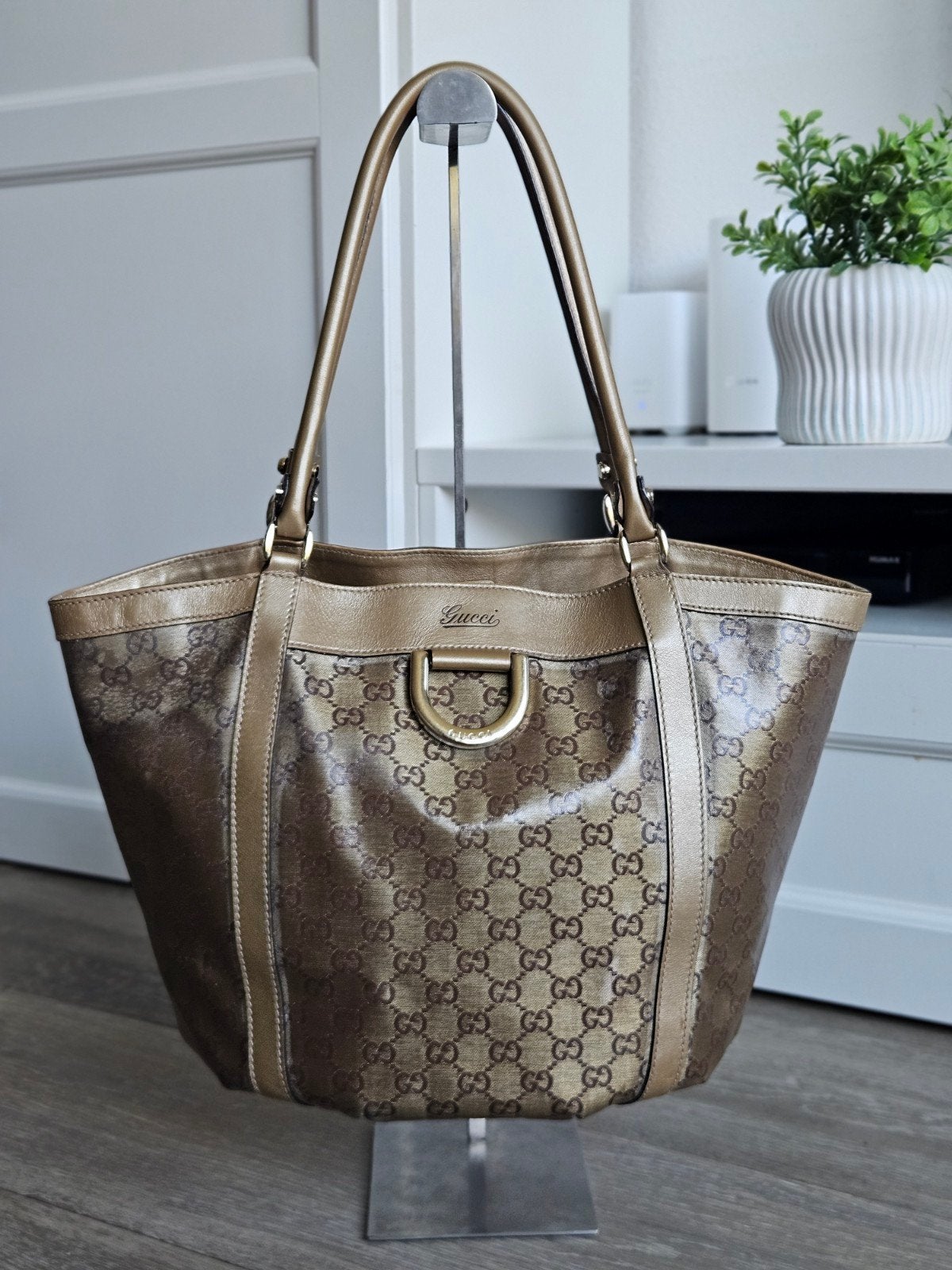 Origineel Gucci GG Canvas D-Ring Schoudertas - Beige/Goud, Ophalen of Verzenden, Gebruikt, Overige kleuren, Handtas
