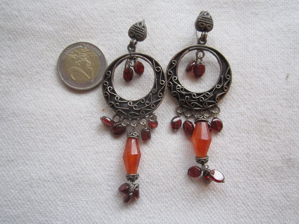 16. Schitterende oude oorbellen, carneool, zilver 925,  8cm, Sieraden, Tassen en Uiterlijk, Antieke sieraden, Ophalen, Zilver