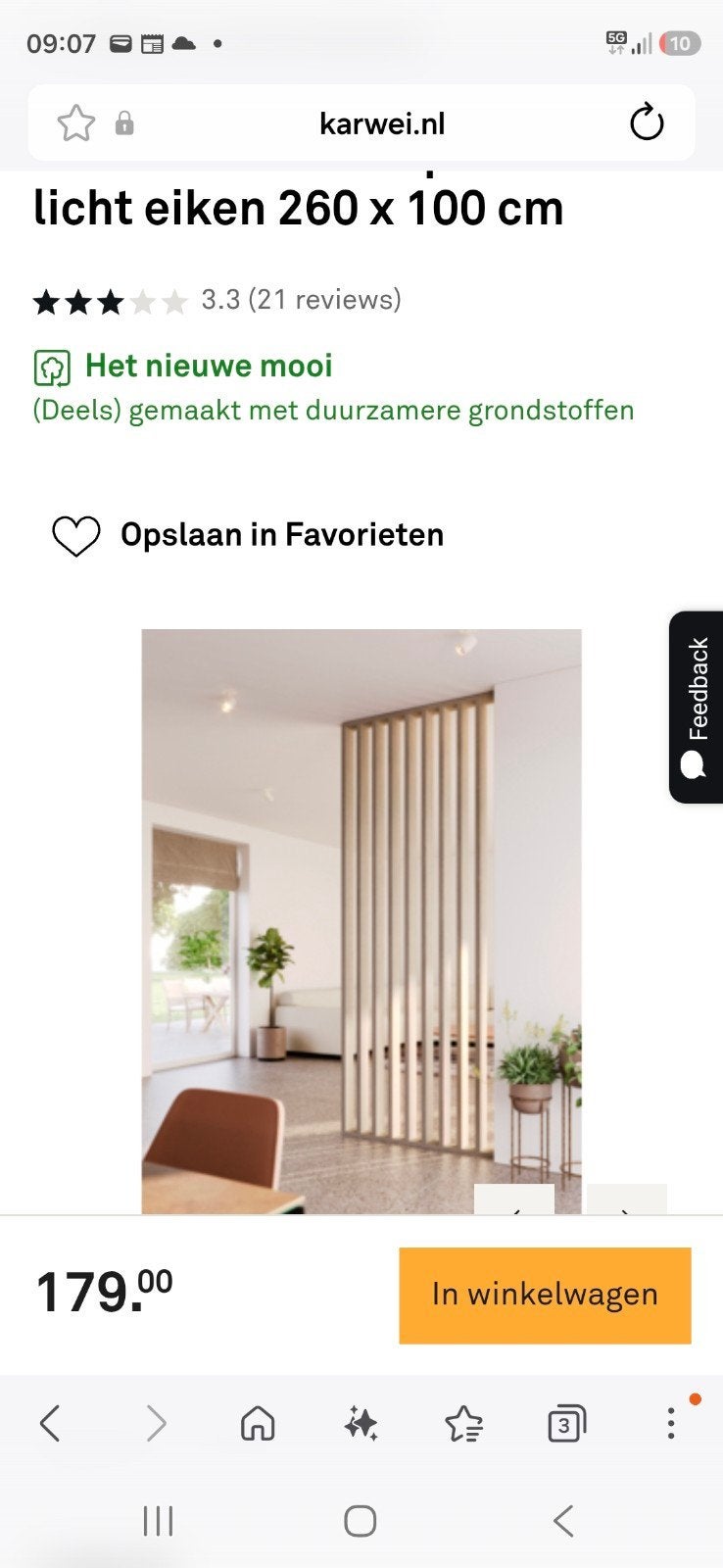 Nieuwe licht eiken roomdivider 260x100 cm, Ophalen of Verzenden, Nieuw, Beige, Hout