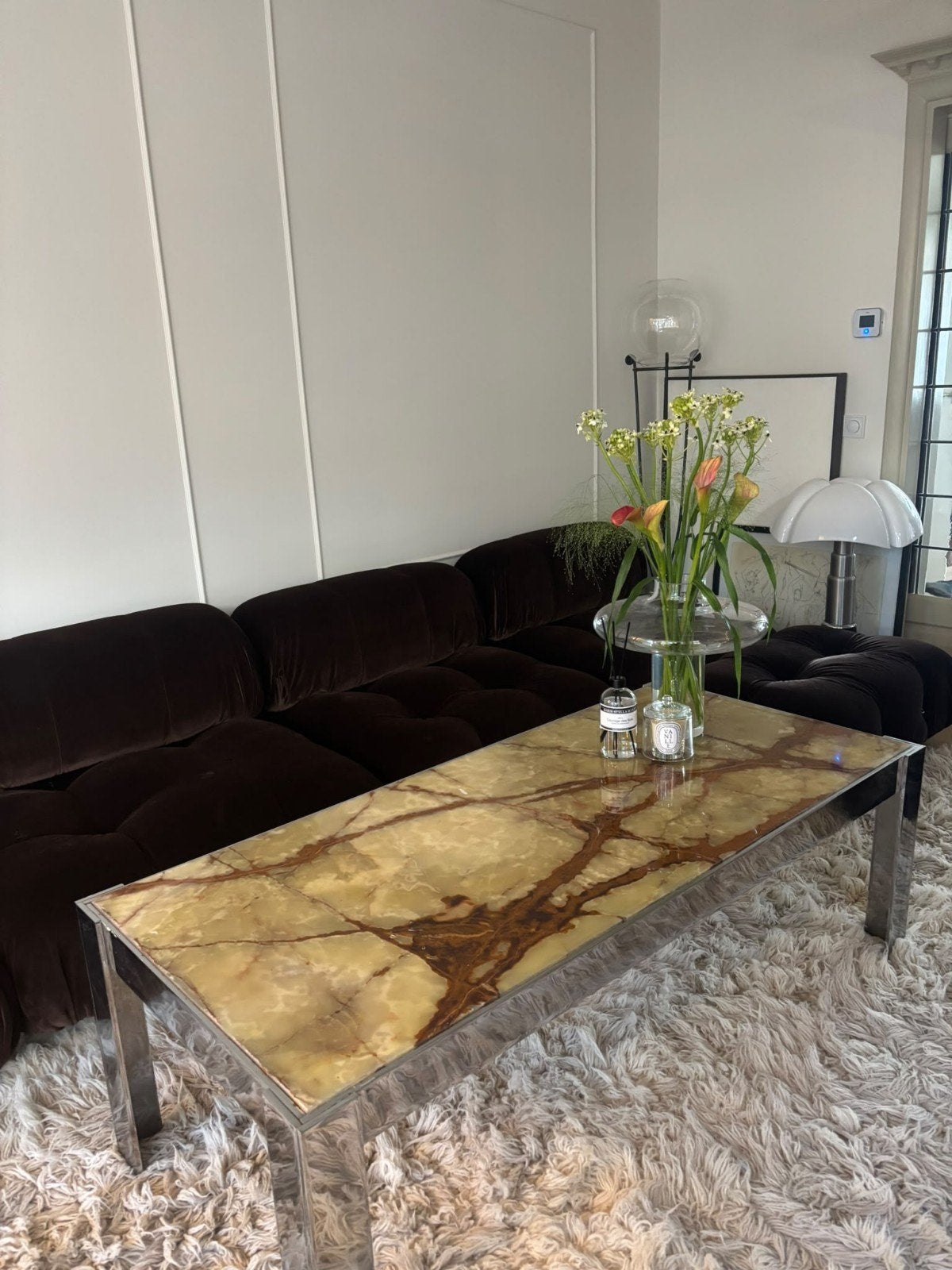 Prachtige Italiaans design chroom/marmeren onyx salontafel, Ophalen of Verzenden, Rechthoekig, 100 tot 150 cm, 50 tot 100 cm