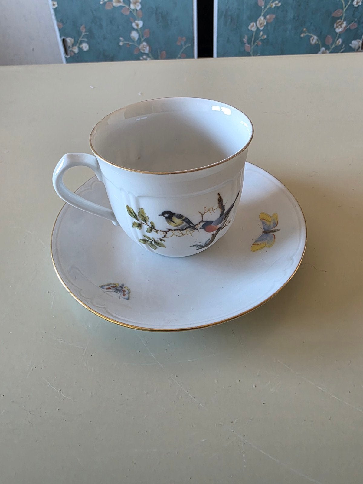 Scherzer Bavaria kop en schotel met vogel- en vlindermotief, Antiek en Kunst, Ophalen of Verzenden