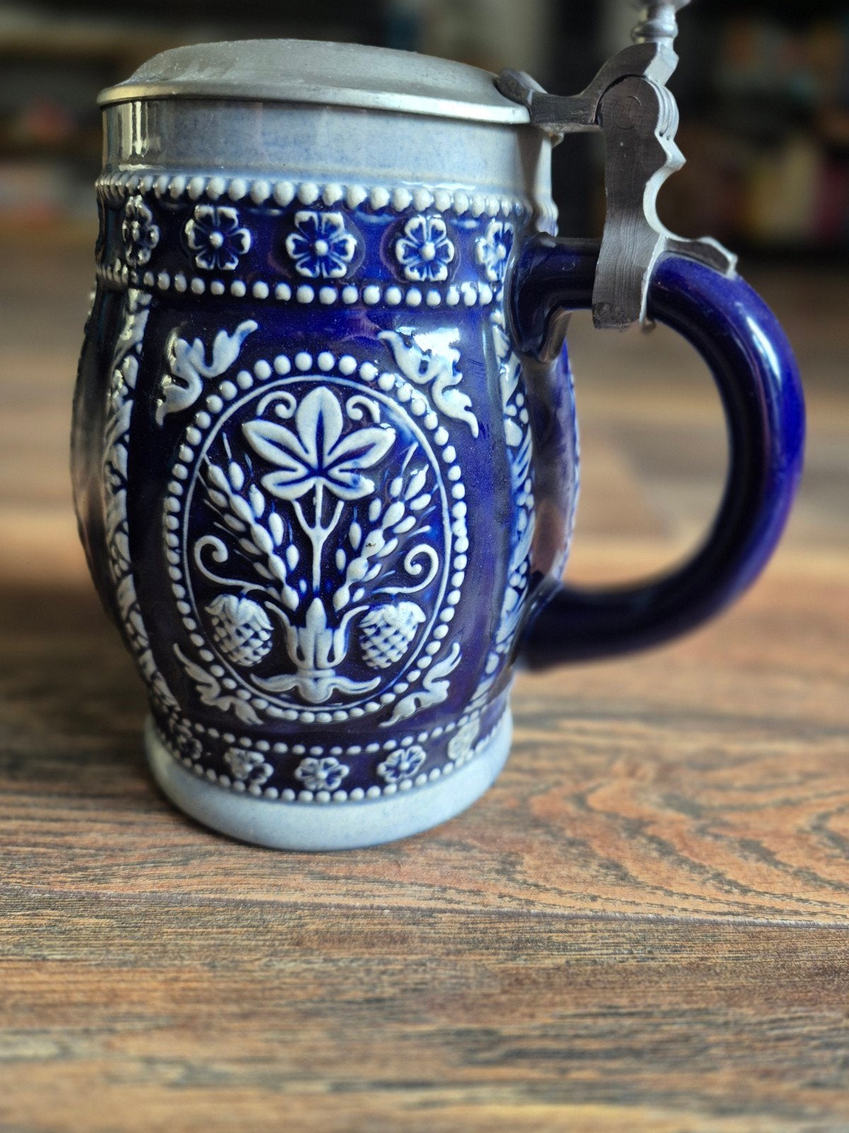 Vintage Duitse Bierpul met Tin Deksel - Kobaltblauw, Antiek en Kunst, Antiek | Keramiek en Aardewerk, Ophalen of Verzenden