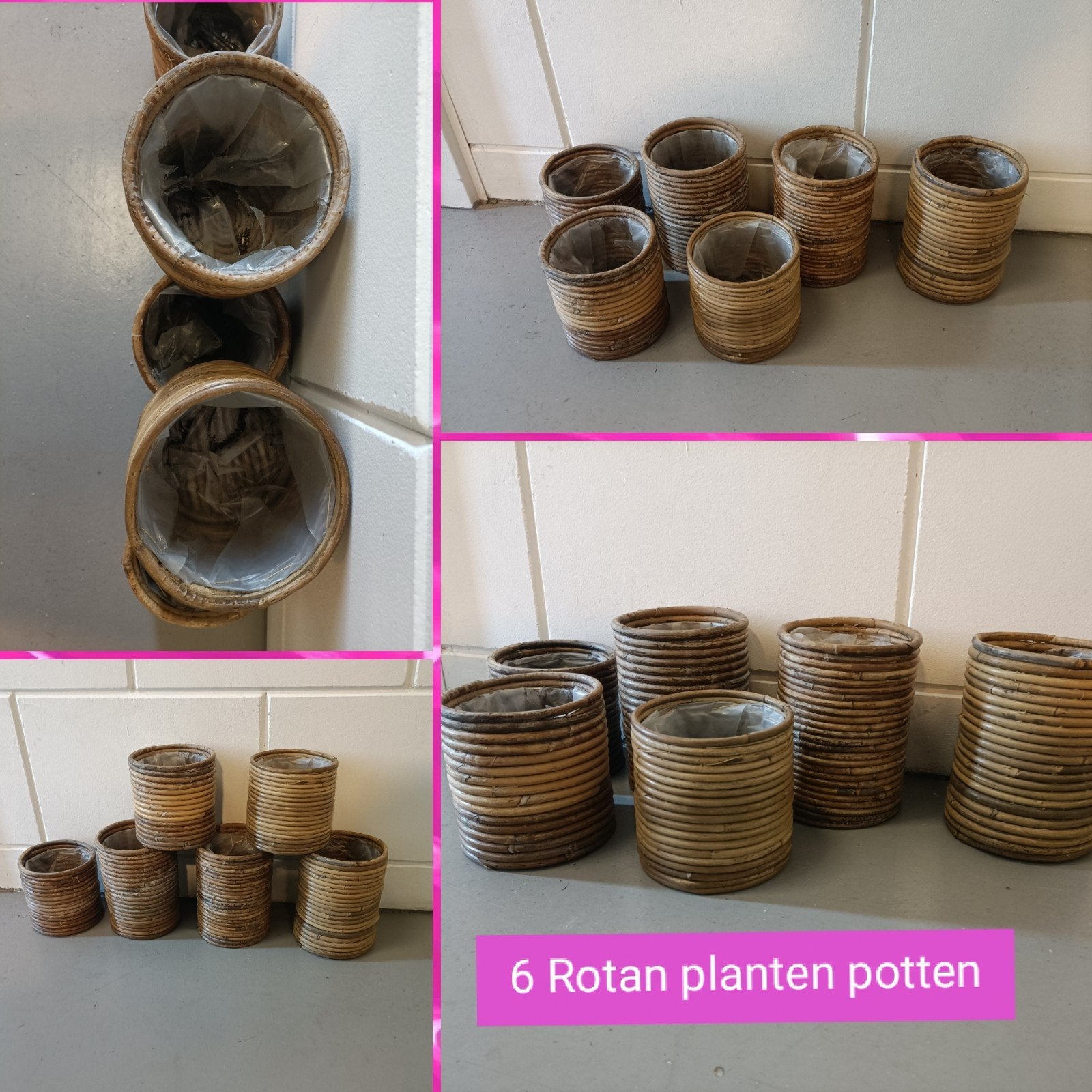 6 Bamboe/ Rotan bloempotten in 1 koop. 2 formaten zie foto's, Overige materialen, Gebruikt, Rond, Ophalen of Verzenden