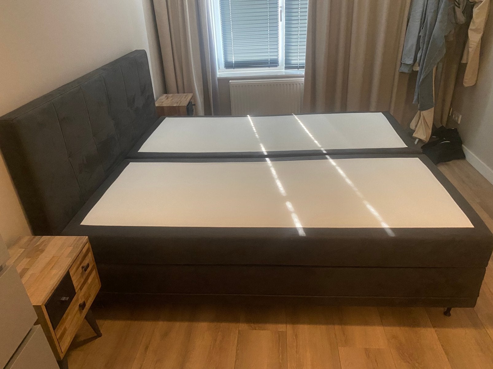 Boxspring Forma Contour 180x200 cm met hoofdbord | antraciet, Ophalen, Gebruikt, Overige kleuren, Tweepersoons