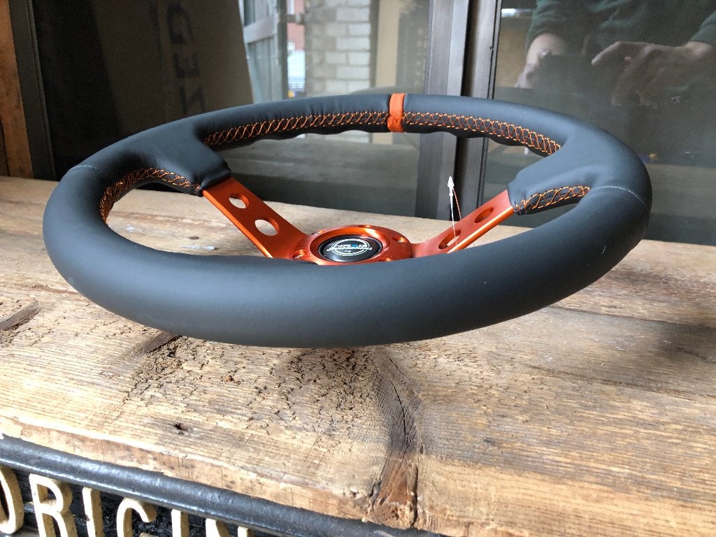 NRG Sportstuur leder 350mm oranje zwart deep dish 75mm, Ophalen of Verzenden