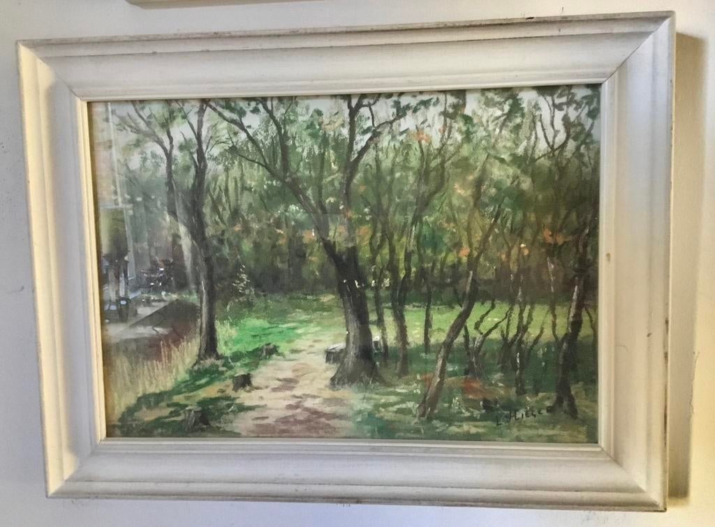 GESIGNEERD SCHILDERIJ MET BOS TAFEREEL IN WITTE LIJST, Antiek en Kunst, Kunst | Schilderijen | Klassiek, Ophalen of Verzenden