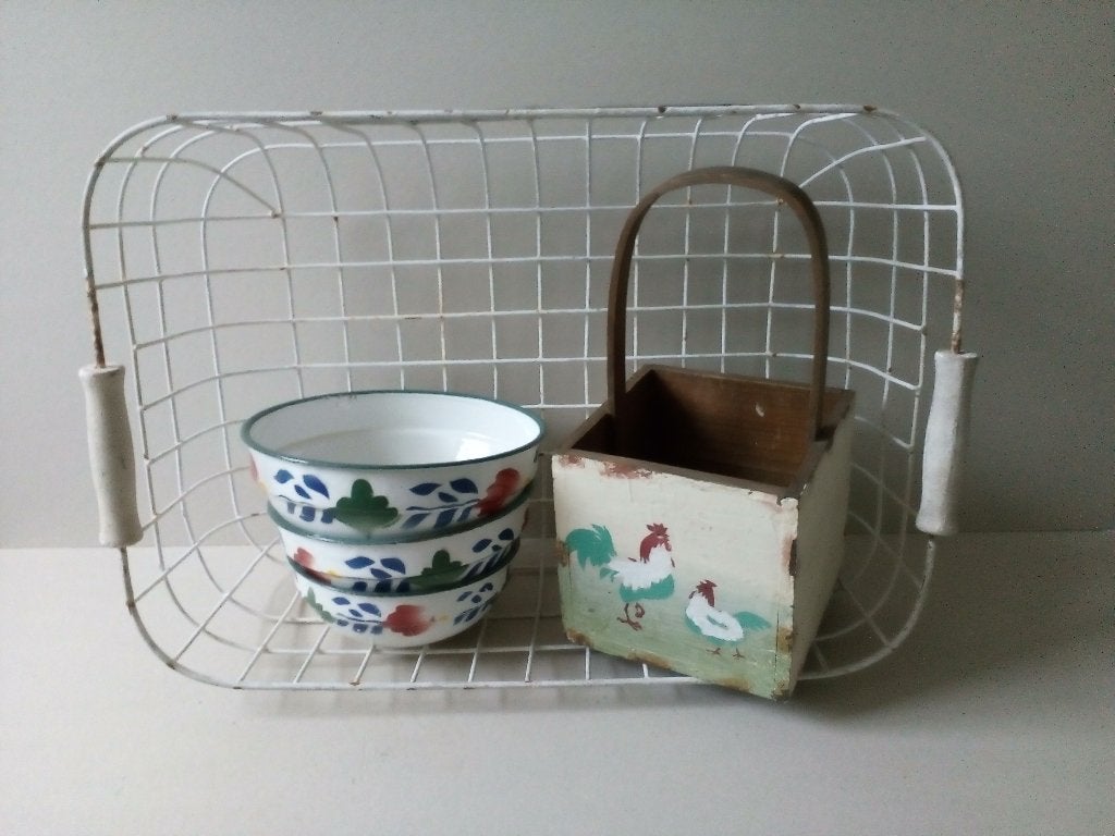 Oude keukenspullen.Brocante.o.a.korf/bakje/emaille kommen., Antiek en Kunst, Ophalen of Verzenden