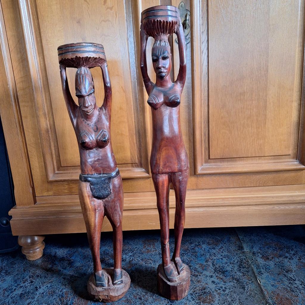 2 Afrikaanse beelden, Antiek en Kunst, Kunst | Beelden en Houtsnijwerken, Houtsnijwerk, Handgemaakt, Hout, Bruin