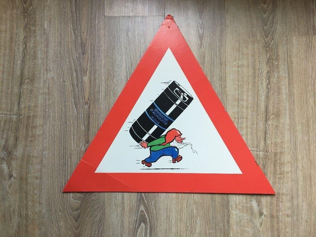 La Chouffe Reclamebord - Uniek Driehoekig Design mancave, Ophalen of Verzenden, Zo goed als nieuw, Reclamebord, Plaat of Schild