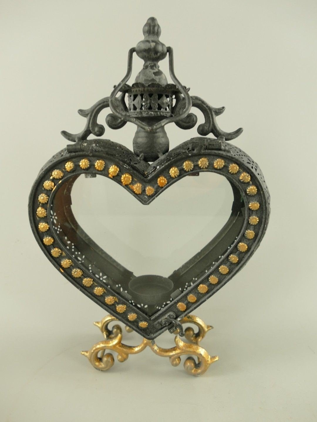 Rustieke hartvormige lantaarn, zwart/goud, H. 32cm, Helene Livingstyle, Lantaarn, Zwart, 7531TJ