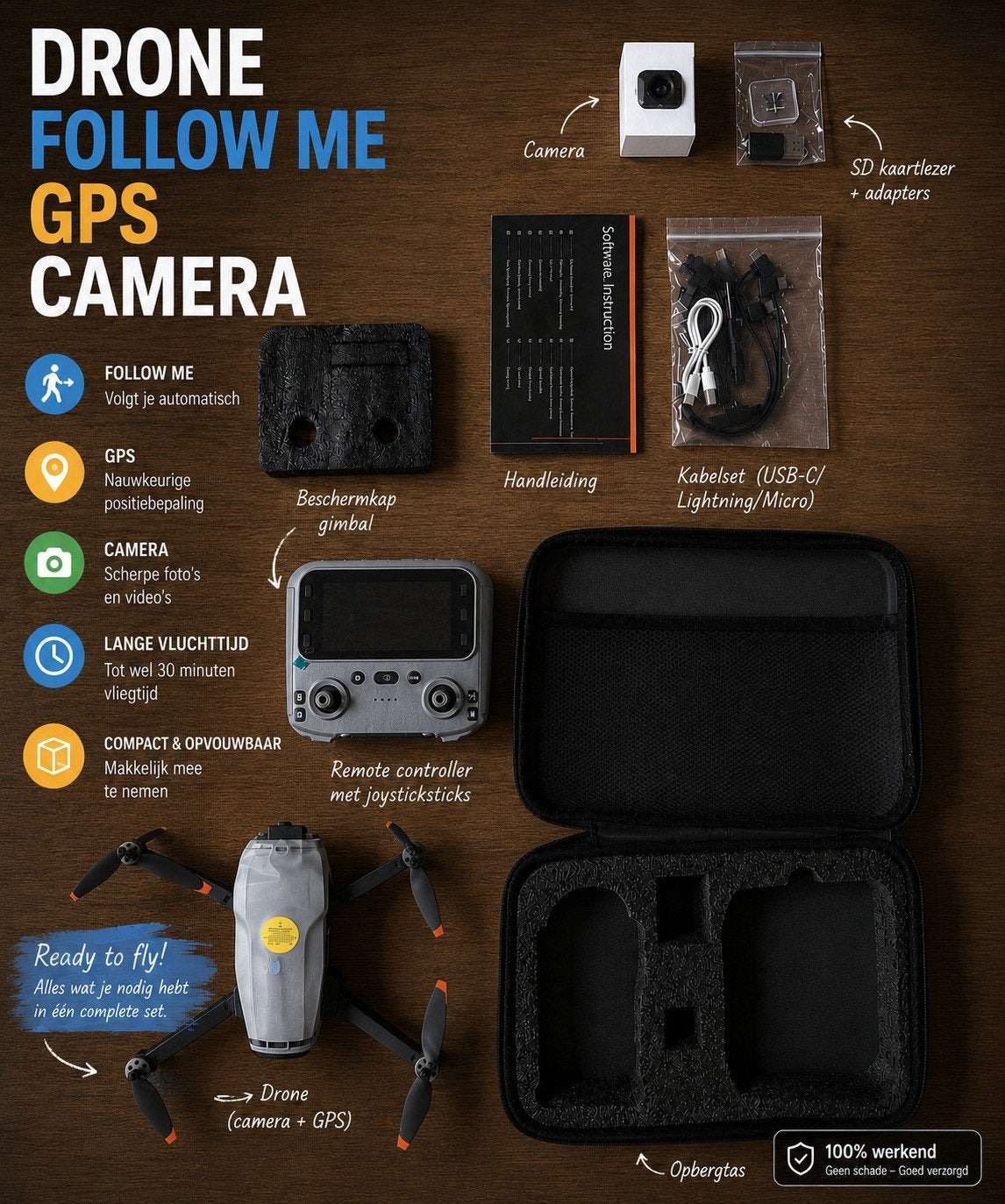 GPS Camera Drone | Follow Me | Nieuw Nooit gebruikt Compleet, Ophalen, Cameradrone, Nieuw, 15 tot 30 minuten