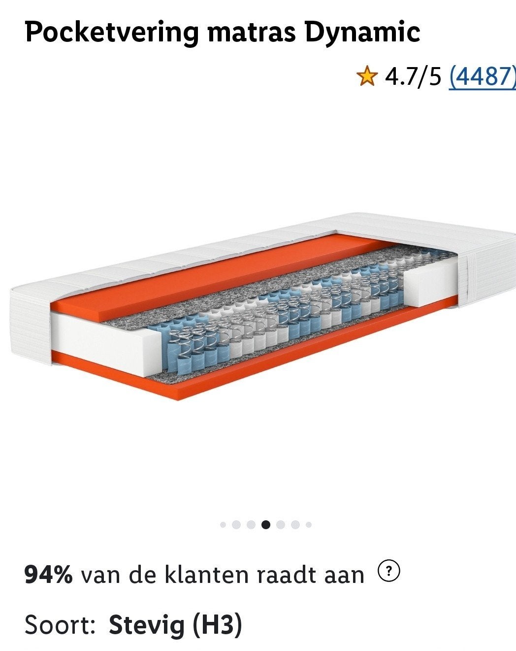 Matras HN8 Dynamic 90x200 cm met Pocketvering 7-Zones H3, Gebruikt, 90 cm, Eenpersoons, Ophalen of Verzenden