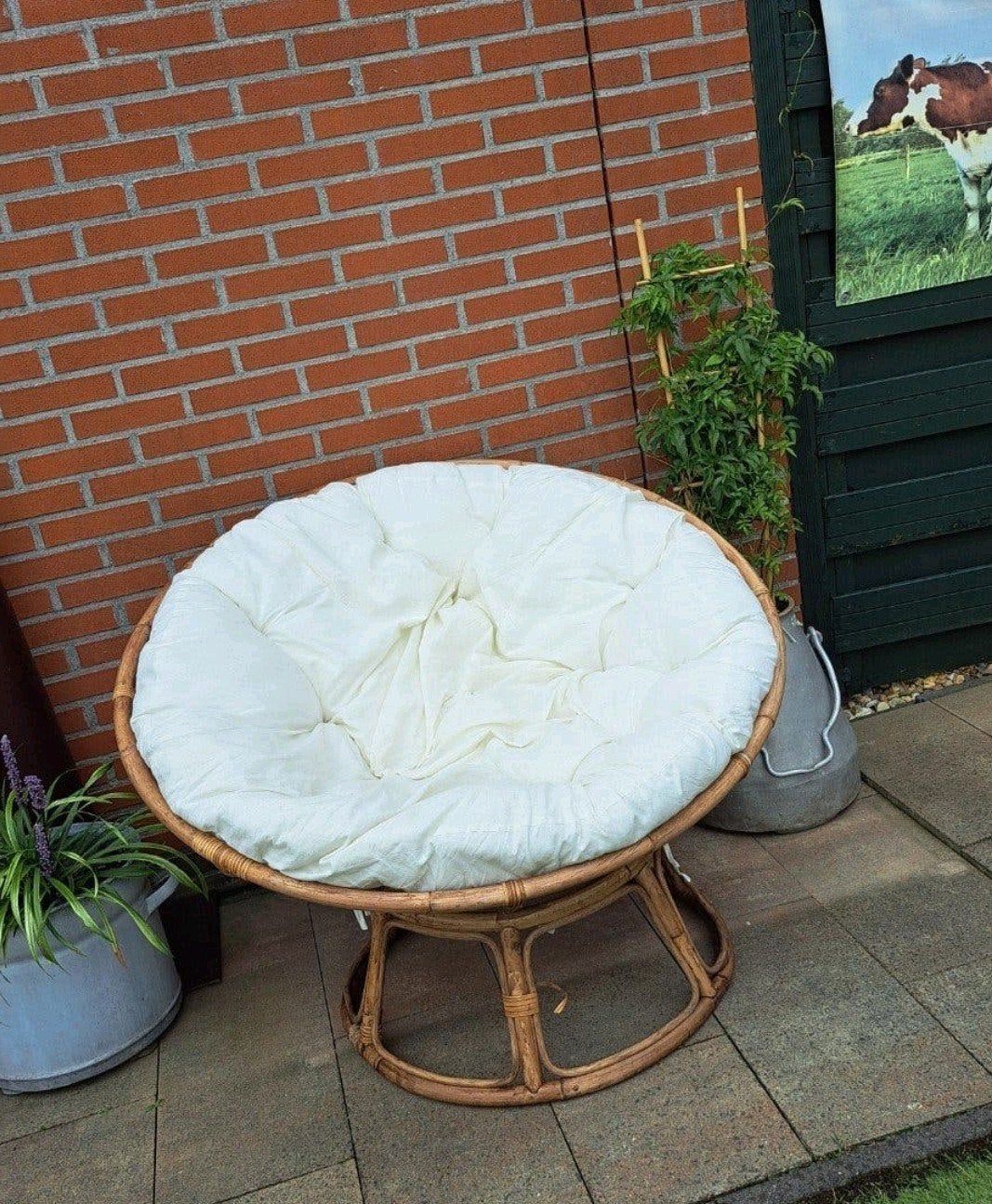 Papasan loungestoel met wit kussen, Ophalen, Gebruikt, Bohemian, Relaxed, Wit