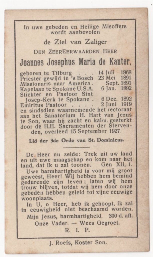 pastoor Joannes de Kanter 1868 Tilburg + 1927 Son, 59 jaar, Verzenden