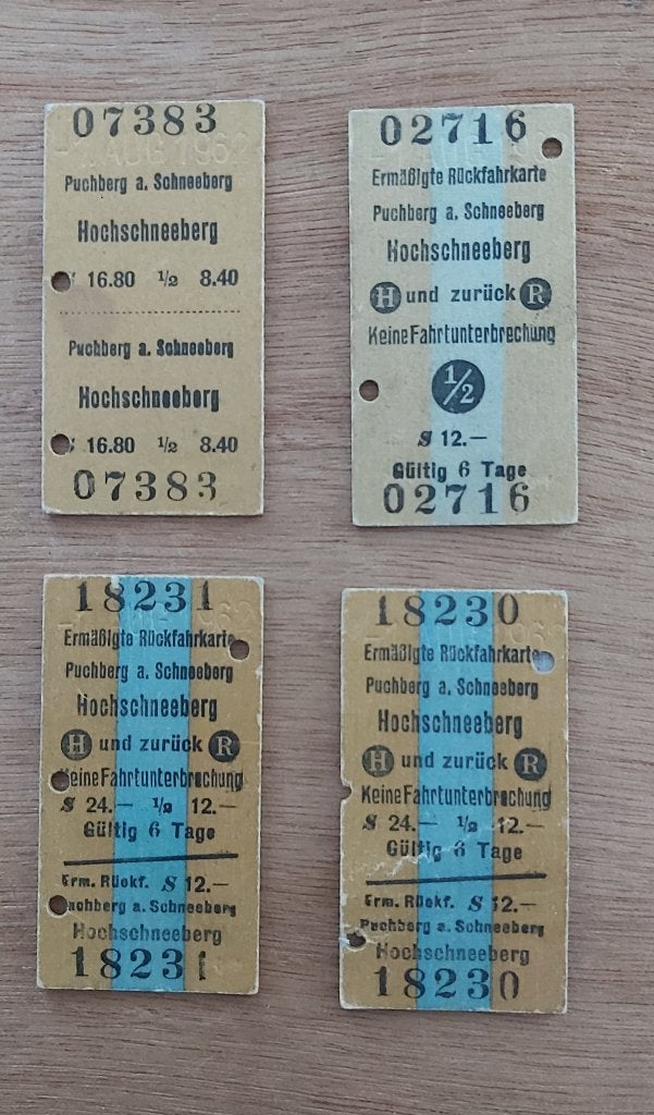 4 KartonnenTreinkaartjes Sneebergbahn Oostenrijk 1962., Verzamelen, Spoorwegen en Tramwegen, Ophalen of Verzenden, Gebruikt, Trein
