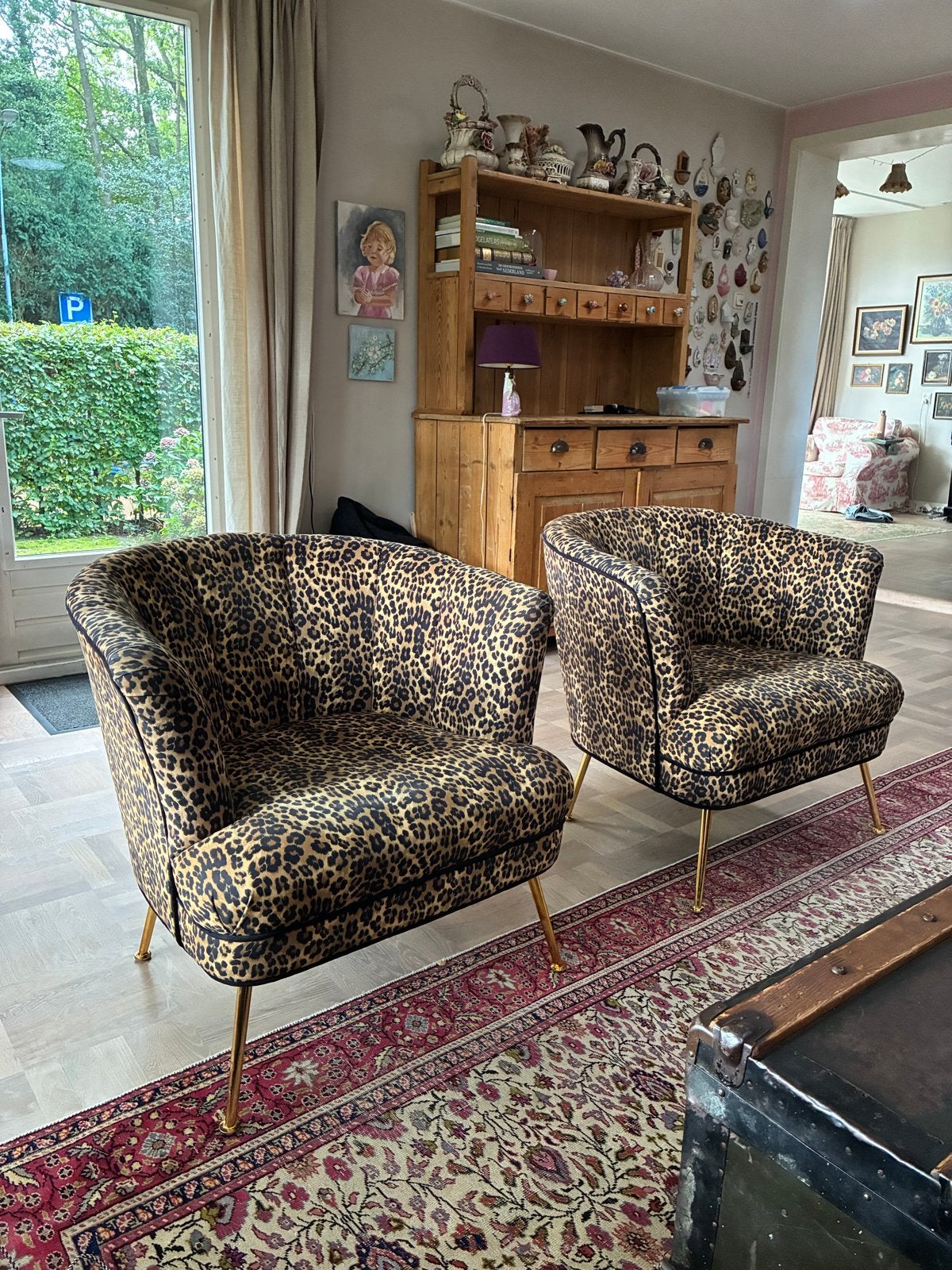 Twee panter fauteuils/stoeltjes met goudkleurige poten, Huis en Inrichting, Gebruikt, Twee, Overige kleuren, Ophalen of Verzenden