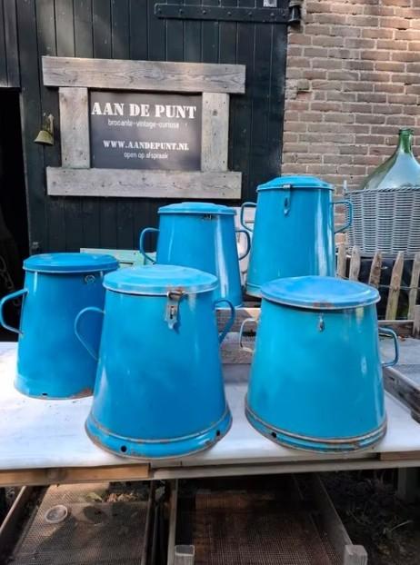 Oude brocante emaille emmer met deksel reuzelemmer, Gebruikt, T, Ophalen of Verzenden, N