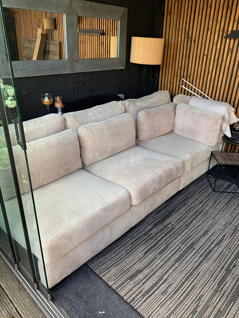 Grote lounge bank / hoekbank ribstof beige, Tuin en Terras, Ophalen, Gebruikt, Bank, Loungeset