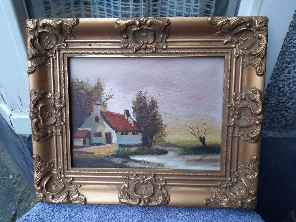 Schilderij, landschap, platteland, reproductie D. Verheul,, Ophalen, Bijzondere lijst, Doek, Landschap