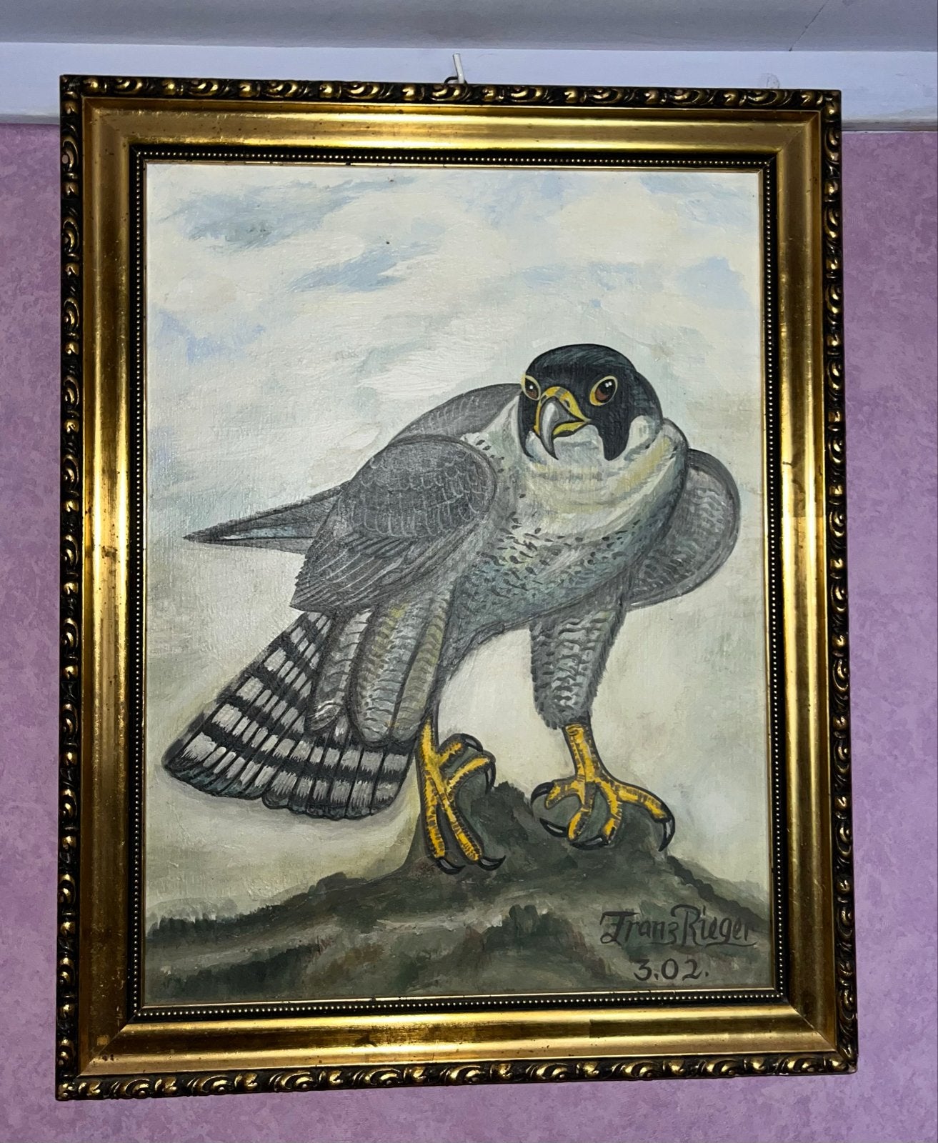 Schilderij van een valk, gesigneerd Frans Rieger, Antiek en Kunst, Kunst | Schilderijen | Klassiek, Doek, Realistisch, Dieren