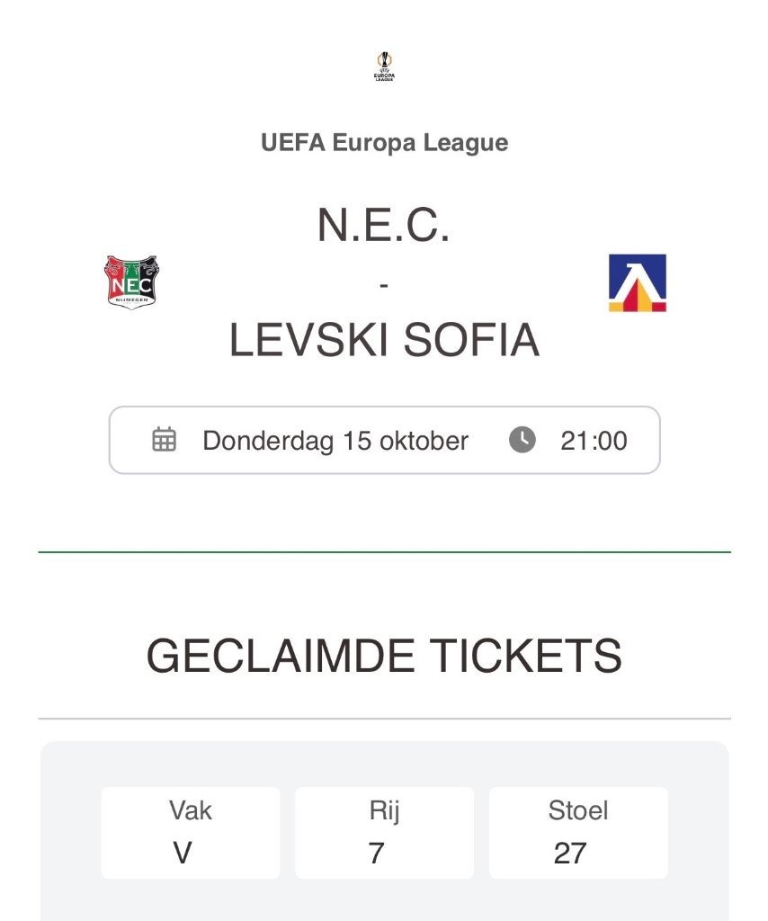 NEC - Levski Sofia vak V, Losse kaart, Eén persoon, Oktober, Europa of Champions League