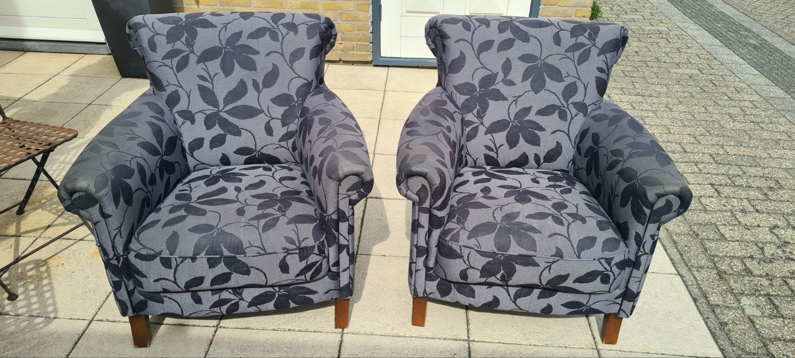 Set van 2 stoffen fauteuils met bladmotief, Huis en Inrichting, Fauteuils, Ophalen, Gebruikt, 75 tot 100 cm, 75 tot 100 cm