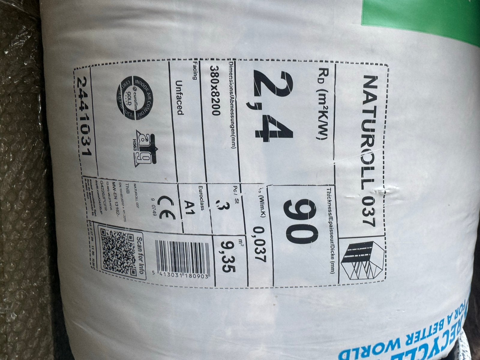 5 rollen Knauf Naturoll 037 Glaswol Isolatie - 90mm dik, Ophalen, Zo goed als nieuw, 15 m² of meer, Vloerisolatie