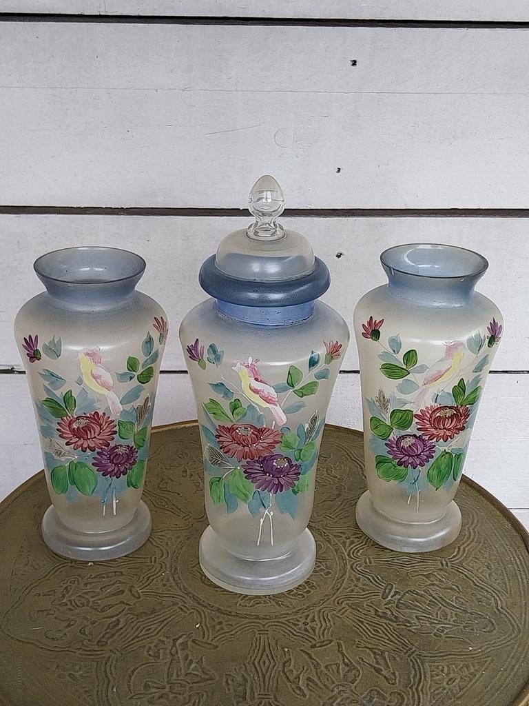 Set van 3 antieke glazen vazen met handgeschilderde vogels, Ophalen of Verzenden