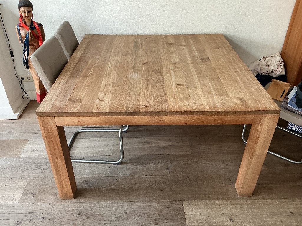Teakhouten vierkante eettafel 140 x 140 cm, Ophalen, Vijf personen of meer, Gebruikt, Modern, Robuust