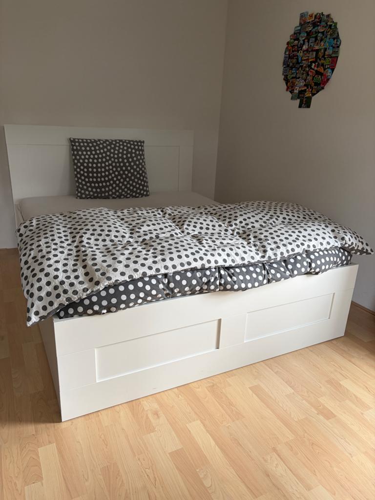 IKEA brimnes bed met brimnes hoofdbord, Ophalen, Wit, Tweepersoons, Zo goed als nieuw