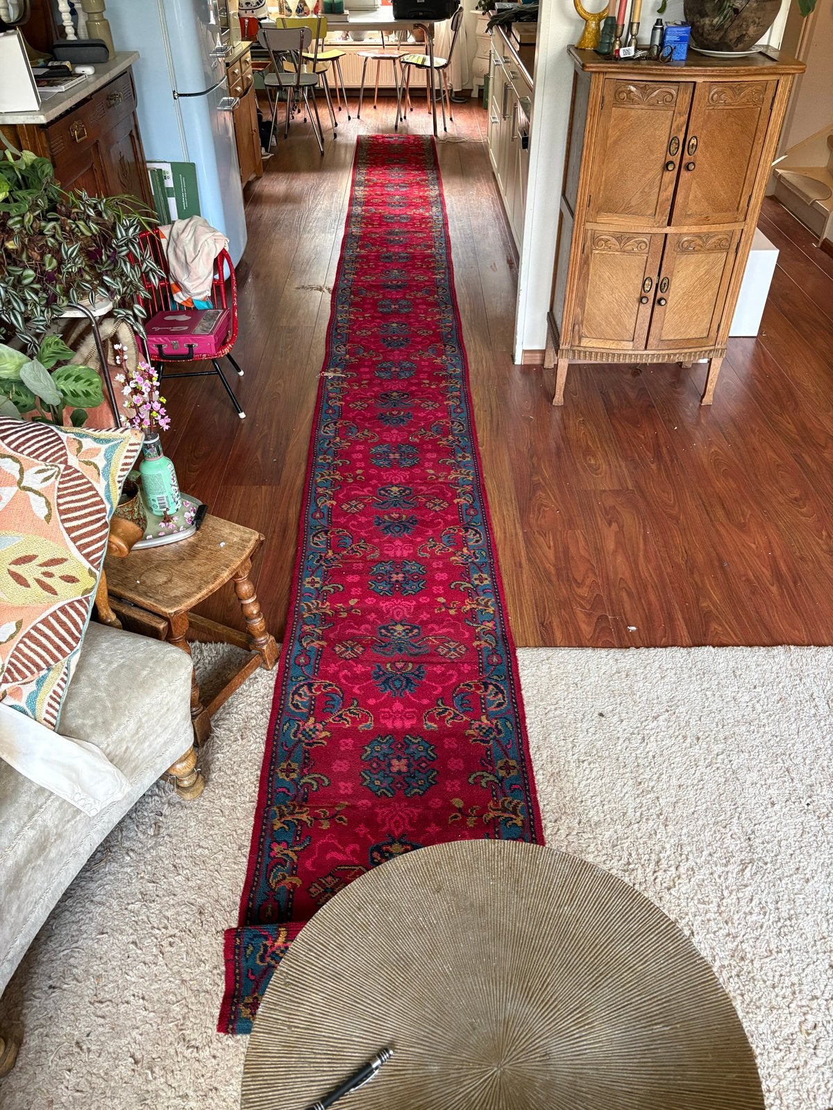 Extra lange vintage traploper, Oosters bloemenpatroon, 6.6m, Huis en Inrichting, Stoffering | Tapijten en Kleden, Gebruikt, 200 cm of meer