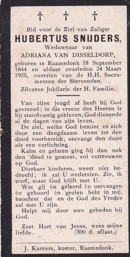 Snijders Hubertus 1844 Raamsdonk 1925, Ophalen of Verzenden, Bidprentje
