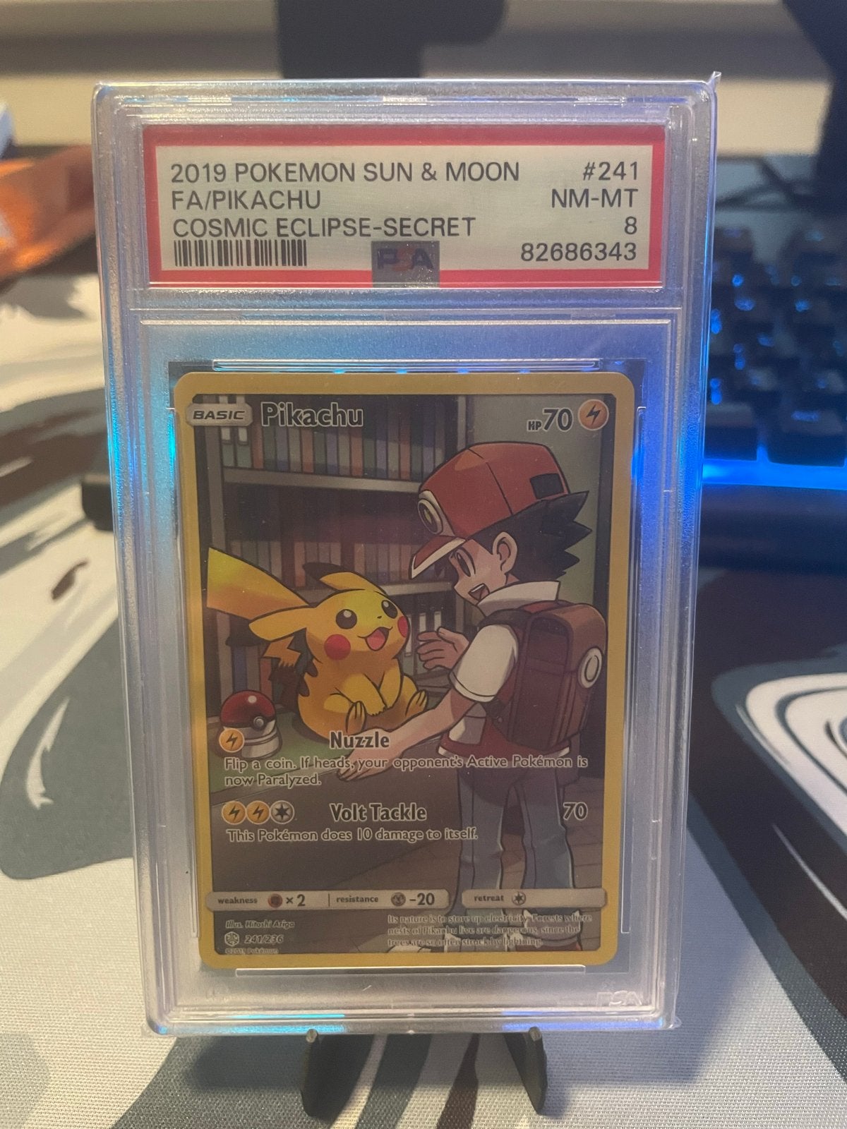 Pikachu Cosmic Eclipse #241 PSA 8 Pokémon Kaart, Ophalen of Verzenden, Zo goed als nieuw, Losse kaart