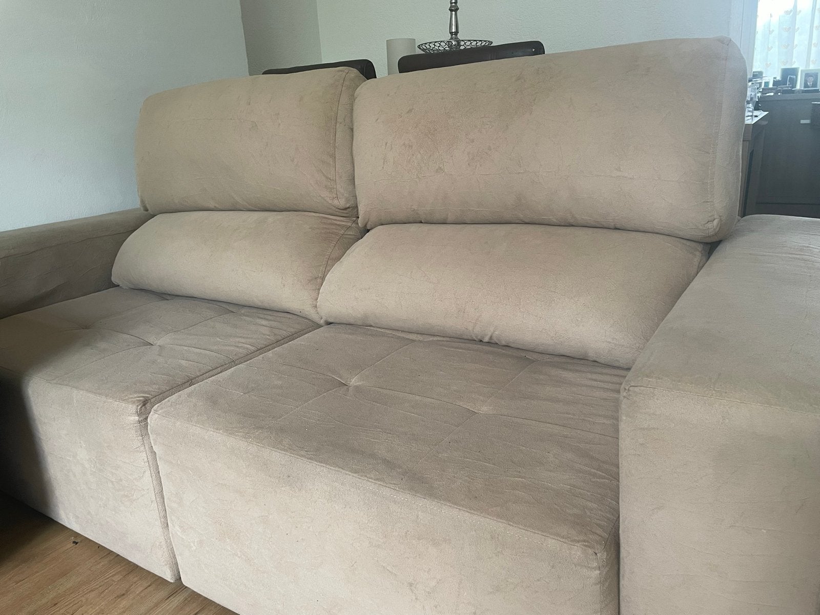comfortabele beige hoekbank, Ophalen, 250 tot 300 cm, Gebruikt, 100 tot 125 cm