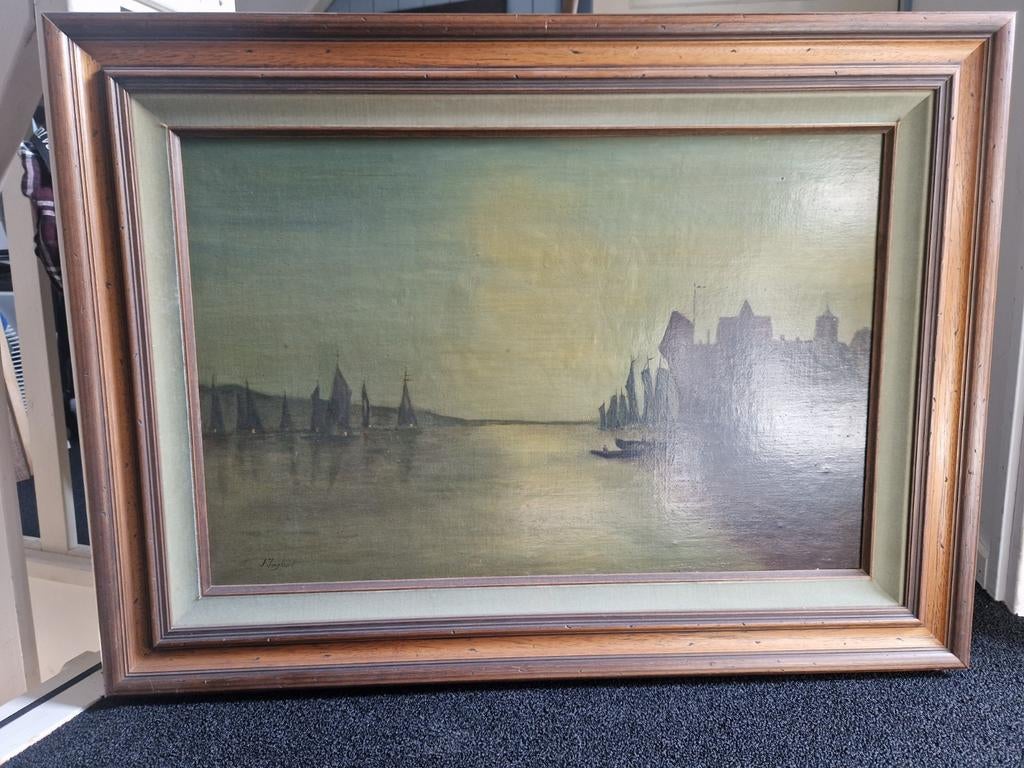Schilderij met zeilschepen en stad aan het water, Ophalen of Verzenden
