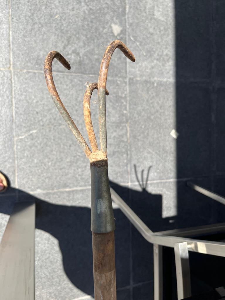 Oude roestige cultivator/grondwoeler met houten steel, Ophalen, Gebruikt, Cultivator