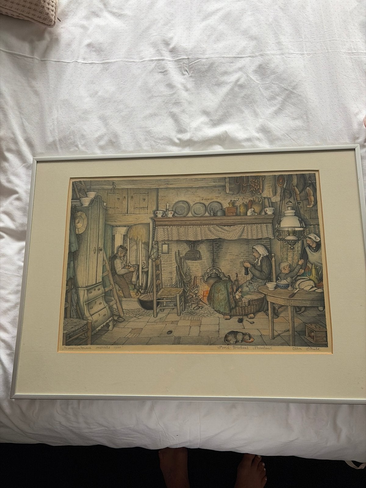 Jan Strube - Boerderij interieur, ca. 1900, Ophalen of Verzenden, Tekening, Gemengde techniek, Achter glas