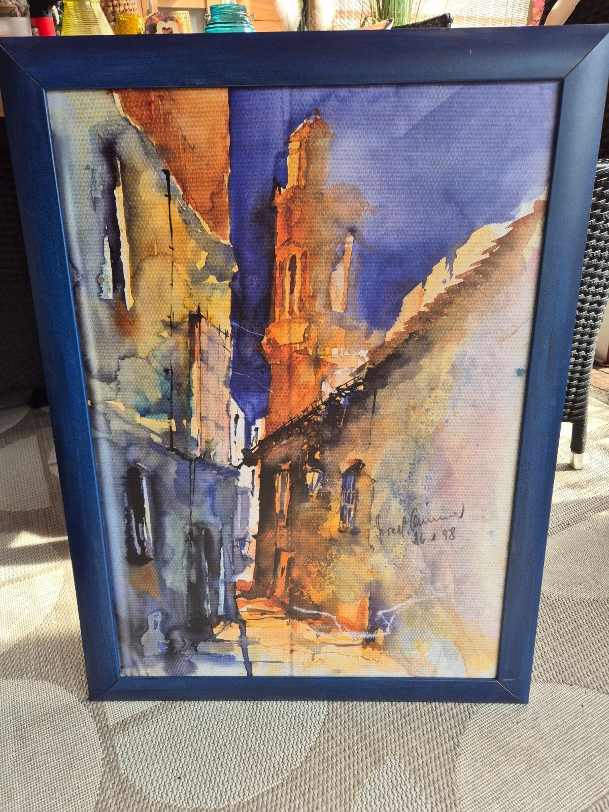 Sfeervolle Aquarel: Stadsgezicht met Toren, Ophalen