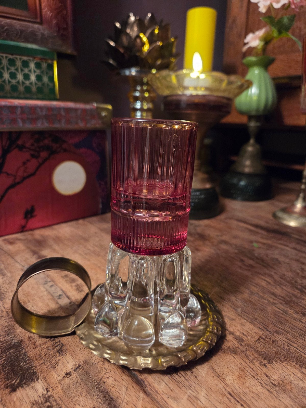 Vintage Glazen Kandelaar met Roze Glas, Ophalen of Verzenden, Glas
