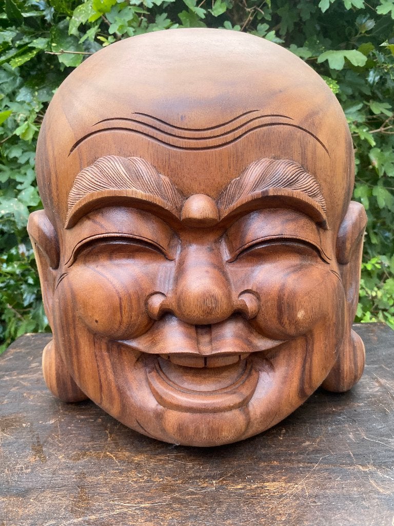 Handgemaakt happy Boeddha masker hoofd van suarhout beeld, Gebruikt, Ophalen of Verzenden, Handgemaakt, Nvt
