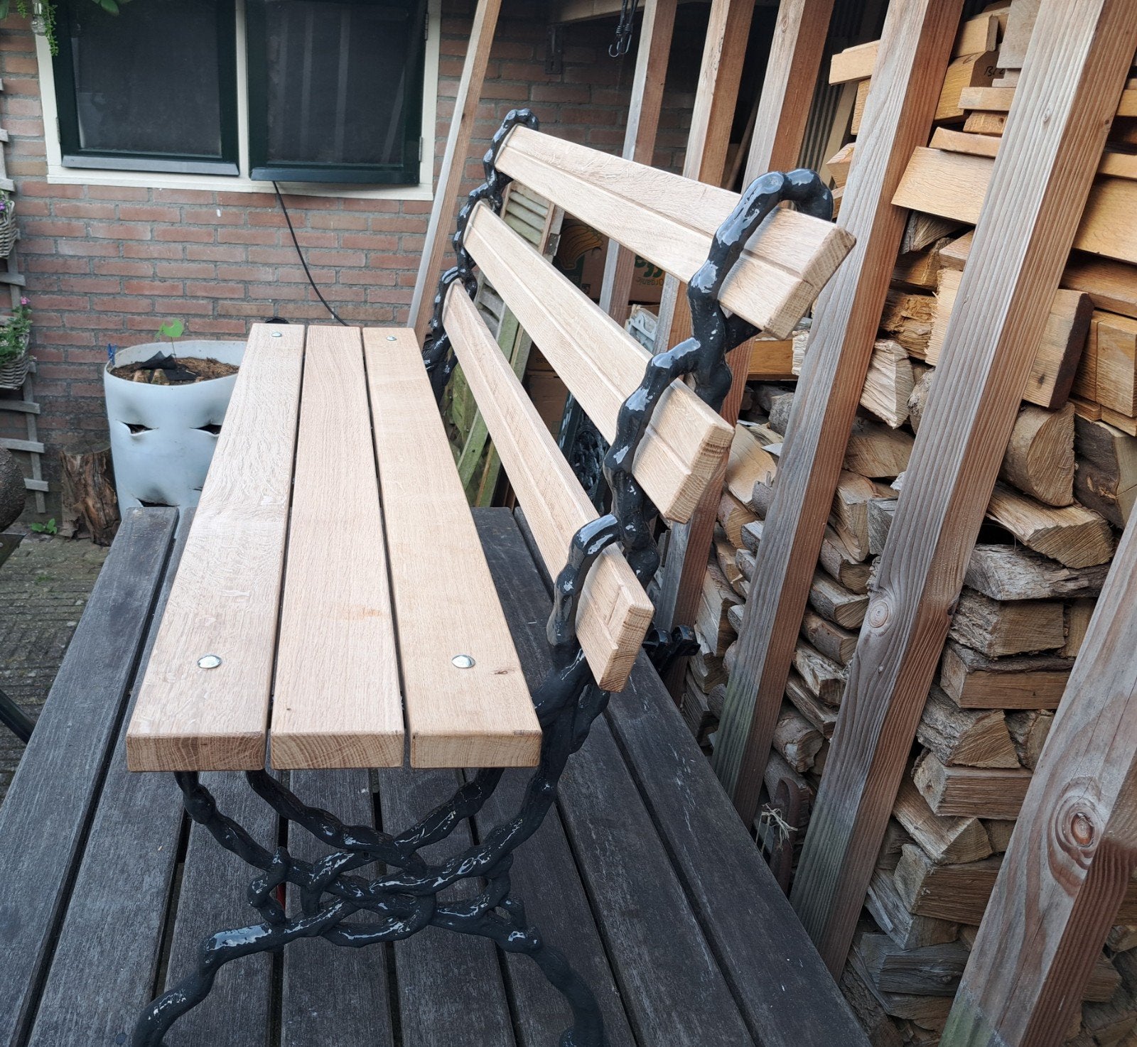 Gietijzeren tuinbank .eikenhout, Ophalen, Nieuw, Rechthoekig, Hout