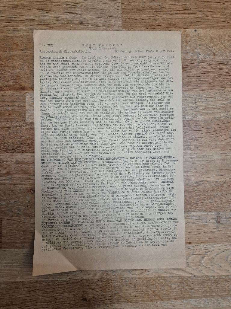 Wo2 illegale pers verzetskrant Het Parool, 3 mei 1945, Ophalen of Verzenden, Nederland, Boek of Tijdschrift
