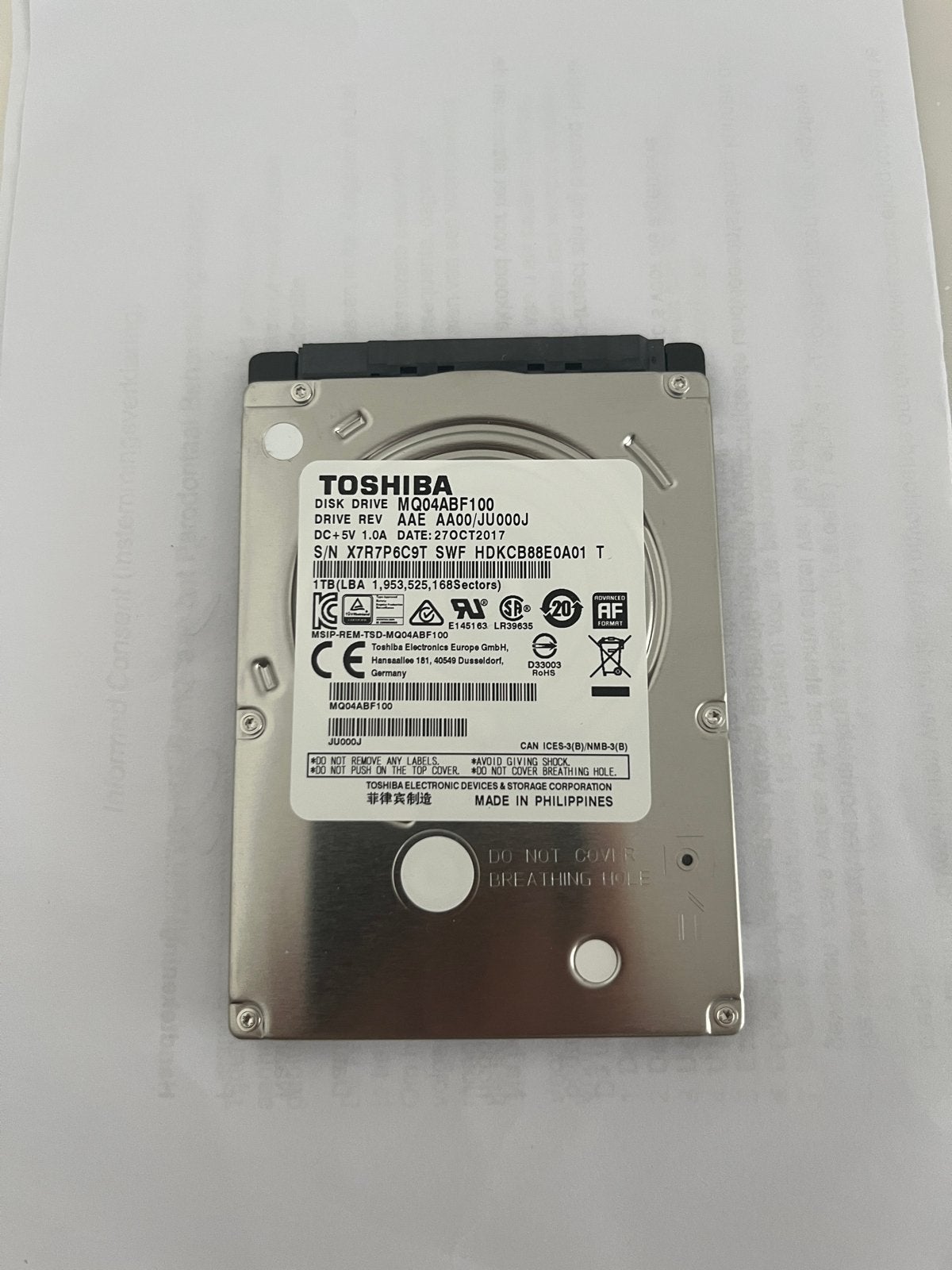 Toshiba 1TB Hybride Harde Schijf 2.5 inch - Extra Dun, Intern, Ophalen of Verzenden, Zo goed als nieuw, Laptop