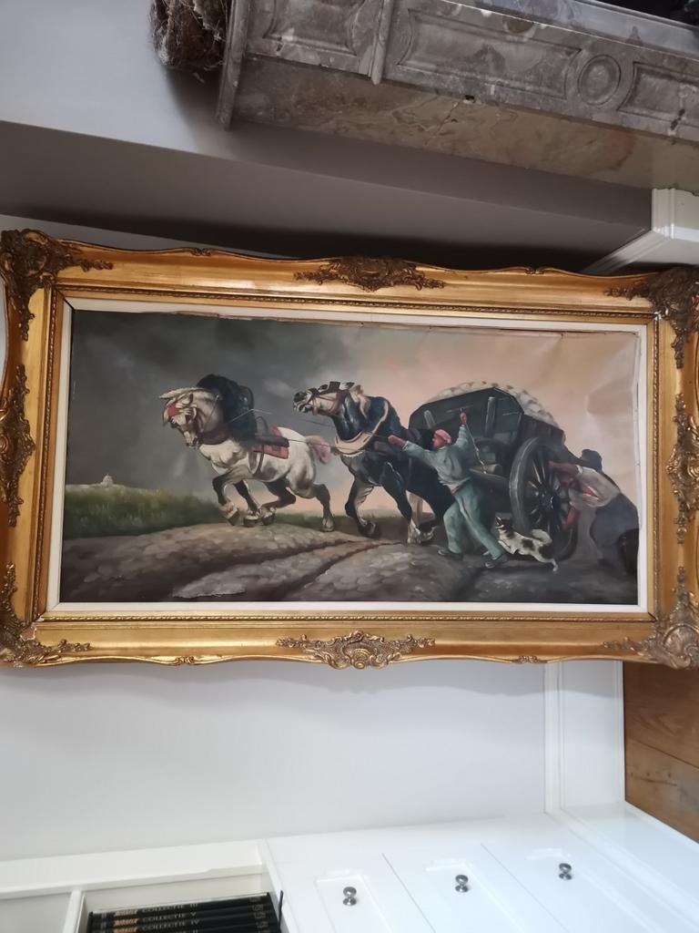 Grote gouden lijst met schilderij van paard en wagen, Ophalen