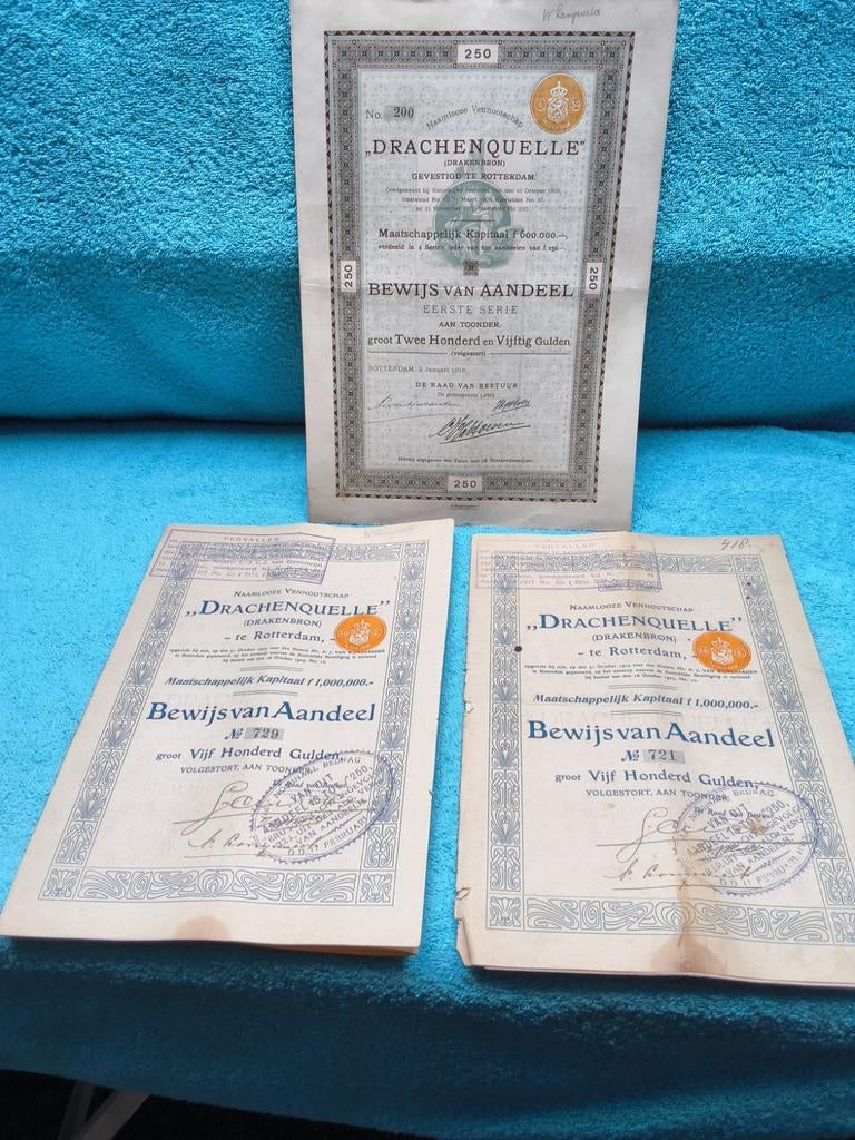 3 st OUDE AANDELEN van DRACHENQUELLE ( NETTE STAAT ), Ophalen of Verzenden, Voor 1920