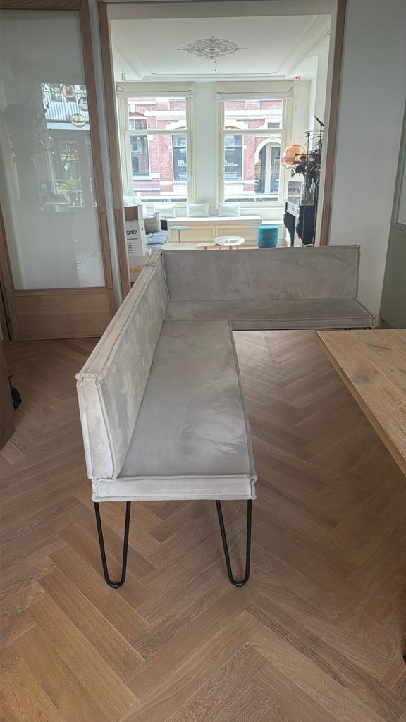 Mooie Bodilson Connect beige eetkamer zithoek-bank, Huis en Inrichting, Ophalen, 250 tot 300 cm, Hoekbank, 75 tot 100 cm